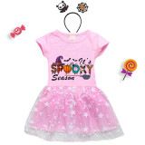 Halloween Toddler Girl 2PCS Cosplay It's Spooky Season Word Art Short Sleeve Tutu Dresses with Headband Dress Up