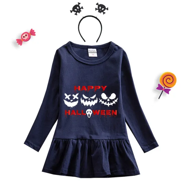 Halloween Toddler Girl 2PCS Cosplay Ghost Faces Long Sleeve Tutu Dresses with Headband Dress Up