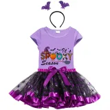 Halloween Toddler Girl 3PCS Cosplay It's Spooky Season Word Art T-shirt Tutu Dresses Sets with Headband Dress Up