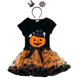 Halloween Toddler Girl 3PCS Cosplay Witch Hat Pumpkin Ghosts T-shirt Tutu Dresses Sets with Headband Dress Up