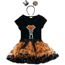 Halloween Toddler Girl 3PCS Cosplay Skeleton Happy Face Pumpkin T-shirt Tutu Dresses Sets with Headband Dress Up