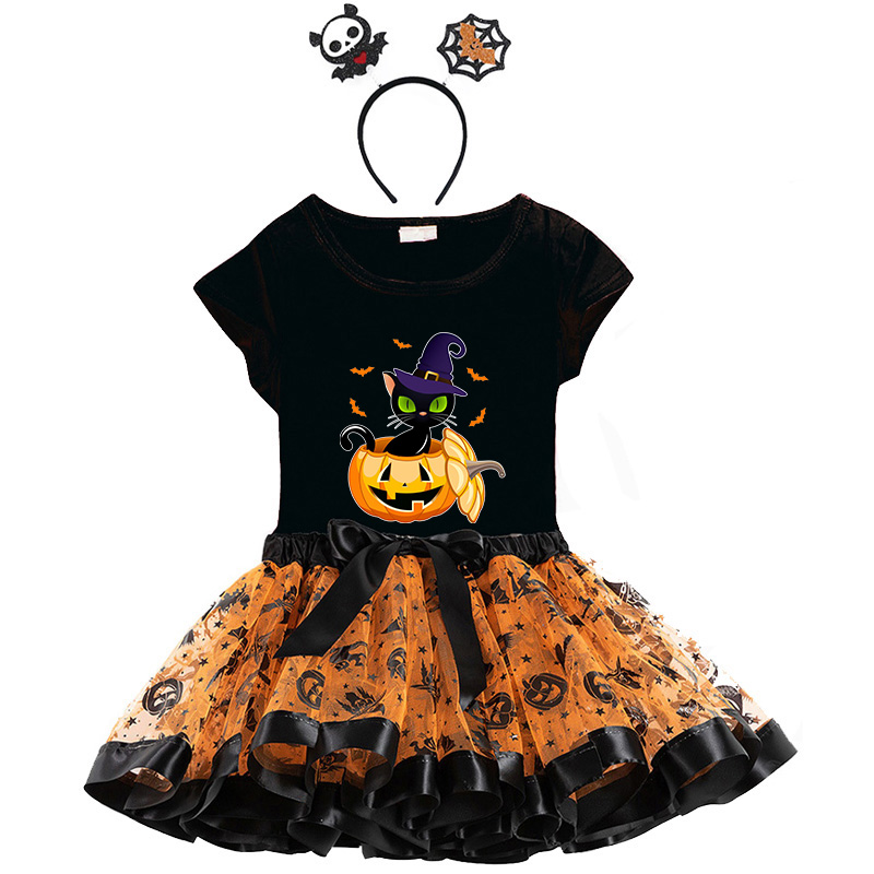Halloween Toddler Girl 3PCS Cosplay Cat And Pumpkin T-shirt Tutu Dresses Sets with Headband Dress Up