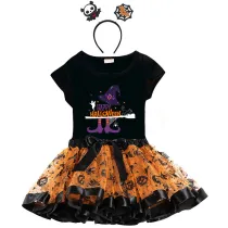 Halloween Toddler Girl 3PCS Cosplay Witch Hat Boots T-shirt Tutu Dresses Sets with Headband Dress Up