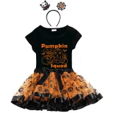 Halloween Toddler Girl 3PCS Cosplay Pumpkin Squad T-shirt Tutu Dresses Sets with Headband Dress Up