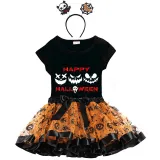 Halloween Toddler Girl 3PCS Cosplay Ghost Faces T-shirt Tutu Dresses Sets with Headband Dress Up