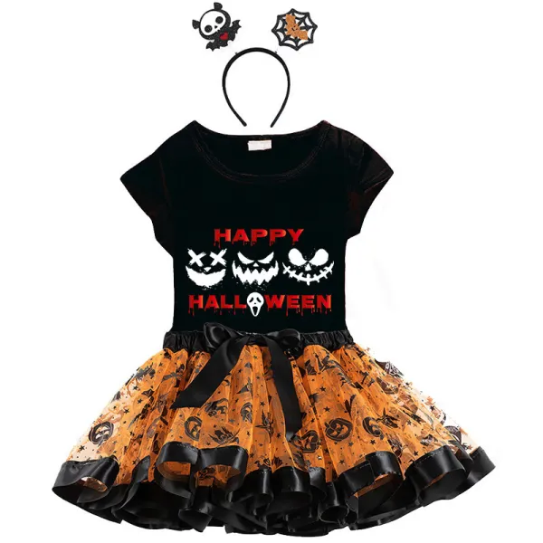 Halloween Toddler Girl 3PCS Cosplay Ghost Faces T-shirt Tutu Dresses Sets with Headband Dress Up