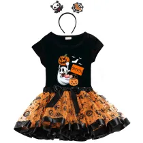 Halloween Toddler Girl 3PCS Cosplay Pumpkins Ghost T-shirt Tutu Dresses Sets with Headband Dress Up