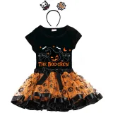 Halloween Toddler Girl 3PCS Cosplay Boo Crew Cats Pumpkin T-shirt Tutu Dresses Sets with Headband Dress Up