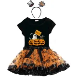 Halloween Toddler Girl 3PCS Cosplay Pumpkins Ghost Boo T-shirt Tutu Dresses Sets with Headband Dress Up