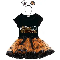 Halloween Toddler Girl 3PCS Cosplay Happy Halloween Word Art T-shirt Tutu Dresses Sets with Headband Dress Up