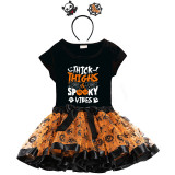 Halloween Toddler Girl 3PCS Cosplay Thick Thighs And Spooky Vibes Pumpkin T-shirt Tutu Dresses Sets with Headband Dress Up