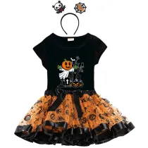 Halloween Toddler Girl 3PCS Cosplay Tomb Pumpkin T-shirt Tutu Dresses Sets with Headband Dress Up