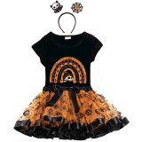 Halloween Toddler Girl 3PCS Cosplay Semi-circle Skull T-shirt Tutu Dresses Sets with Headband Dress Up