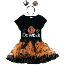Halloween Toddler Girl 3PCS Cosplay October 31 Pumpkin T-shirt Tutu Dresses Sets with Headband Dress Up