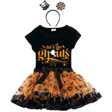 Halloween Toddler Girl 3PCS Cosplay Let's Go Ghouls T-shirt Tutu Dresses Sets with Headband Dress Up
