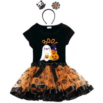 Halloween Toddler Girl 3PCS Cosplay Boo Ghost And Pumpkin T-shirt Tutu Dresses Sets with Headband Dress Up