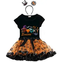 Halloween Toddler Girl 3PCS Cosplay It's Spooky Season Word Art T-shirt Tutu Dresses Sets with Headband Dress Up