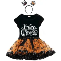 Halloween Toddler Girl 3PCS Cosplay Boo Crew Spider Web T-shirt Tutu Dresses Sets with Headband Dress Up