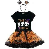 Halloween Toddler Girl 3PCS Cosplay The Boo Crew Skulls T-shirt Tutu Dresses Sets with Headband Dress Up