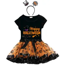 Halloween Toddler Girl 3PCS Cosplay Witch  T-shirt Tutu Dresses Sets with Headband Dress Up