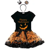 Halloween Toddler Girl 3PCS Cosplay Pumpkin Ghost Face T-shirt Tutu Dresses Sets with Headband Dress Up