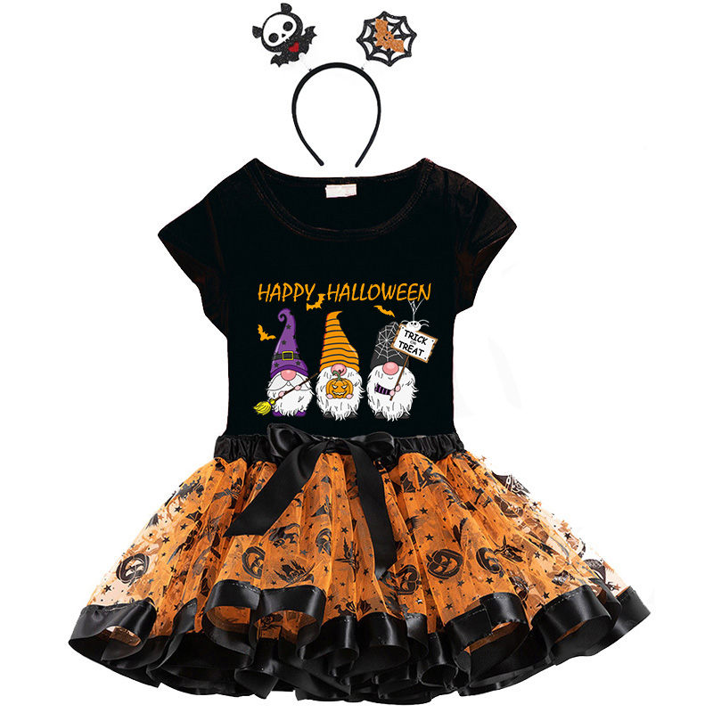 Halloween Toddler Girl 3PCS Cosplay Three Gnomies Trick Or Treat T-shirt Tutu Dresses Sets with Headband Dress Up