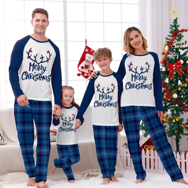 Christmas Matching Family Pajamas Merry Christmas Elk Antlers Blue Plaids Pajamas Set