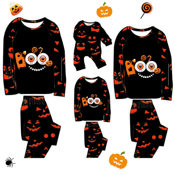 Halloween Matching Family Pajamas Boo Horror Eyes Pumpkin Ghost Faces Print Black Pajamas Set