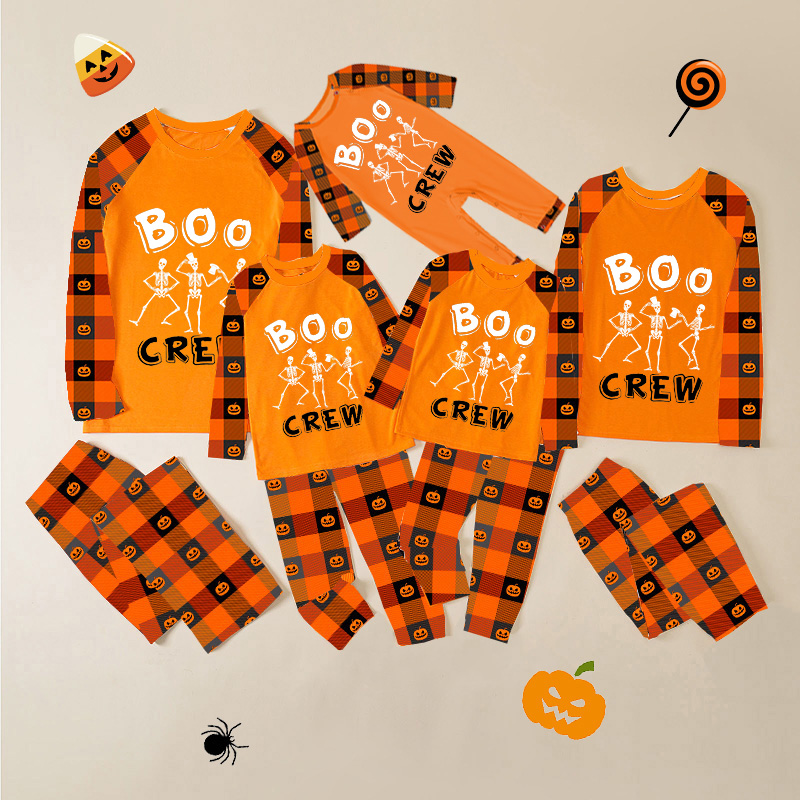 Halloween Matching Family Pajamas Boo Crew Skeletons Orange Plaids Pajamas Set