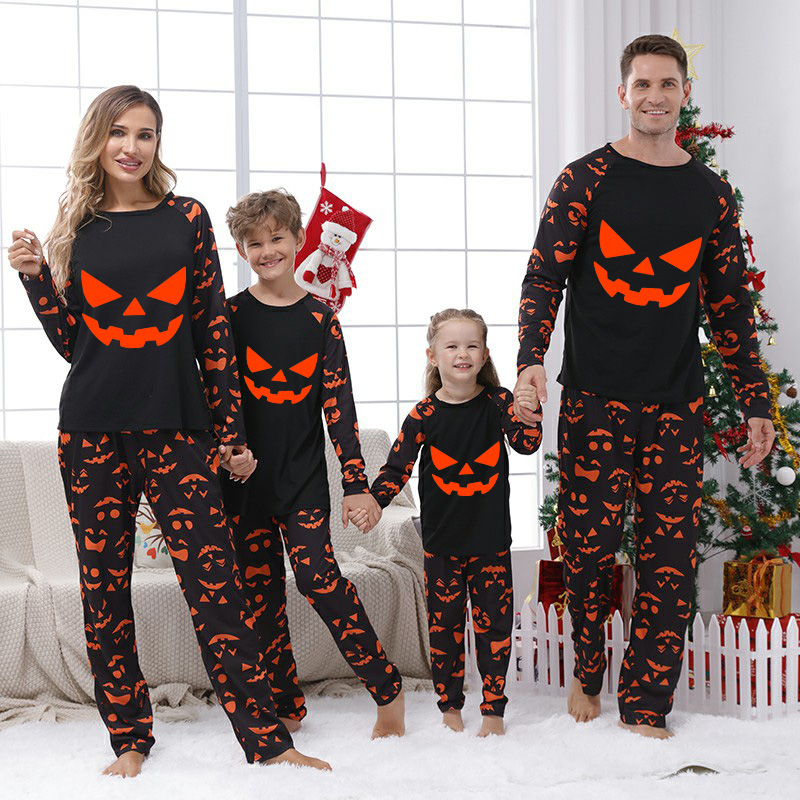 Halloween Matching Family Pajamas Pumpkin Ghostface Pumpkin Ghost Faces Print Black Pajamas Set
