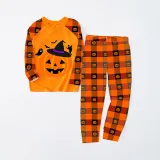 Halloween Matching Family Pajamas Witch Hat Pumpkin Orange Plaids Pajamas Set