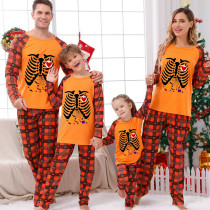 Halloween Matching Family Pajamas Skeleton Bats Orange Plaids Pajamas Set