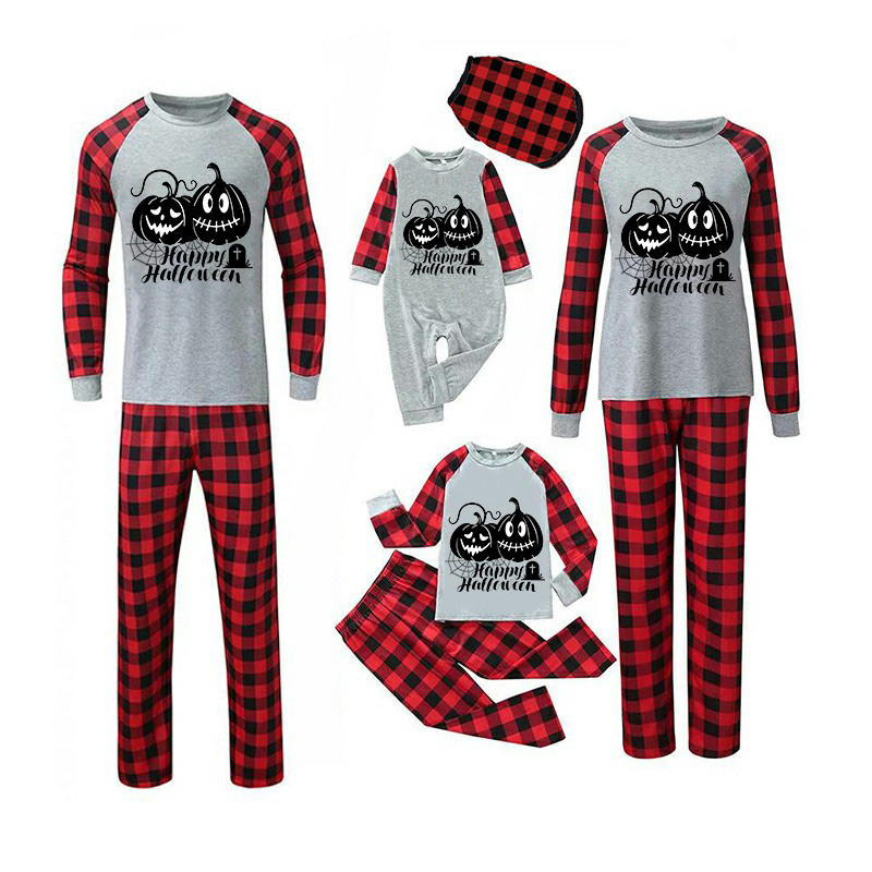 Halloween Matching Family Pajamas Ghost Face Pumpkins Happy Halloween Gray Pajamas Set