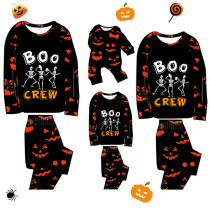 Halloween Matching Family Pajamas Boo Crew Skeletons Pumpkin Ghost Faces Print Black Pajamas Set