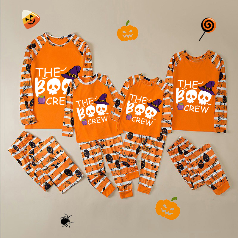 Halloween Matching Family Pajamas The Boo Crew Skulls Orange Stripes Pajamas Set