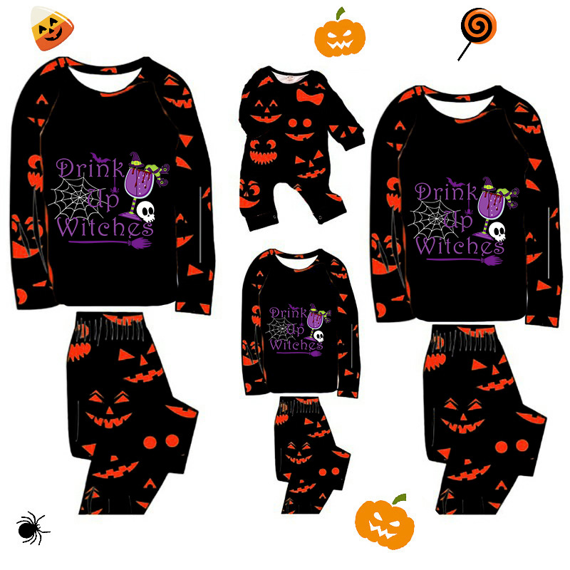 Halloween Matching Family Pajamas Drink Up Witches Pumpkin Ghost Faces Print Black Pajamas Set
