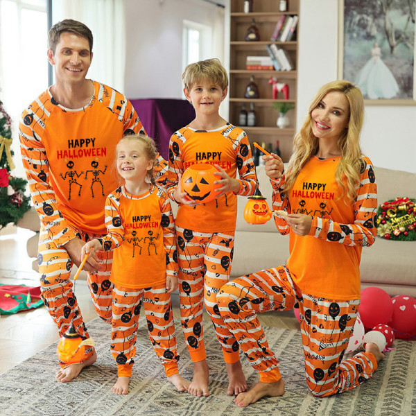 Halloween Matching Family Pajamas Happy Halloween Skeletons Couple Orange Stripes Pajamas Set