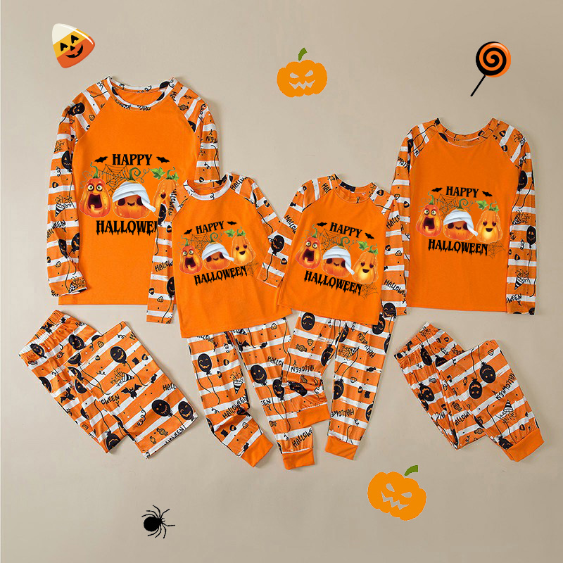 Halloween Matching Family Pajamas Mummy Pumpkins Happy Halloween Orange Stripes Pajamas Set