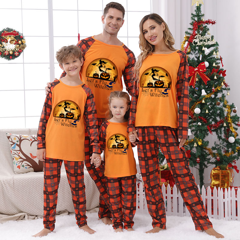 Halloween Matching Family Pajamas Let's Fly Witches Orange Plaids Pajamas Set