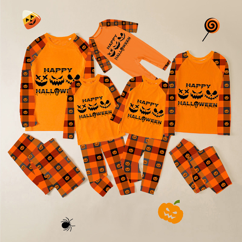 Halloween Matching Family Pajamas Ghost Faces Happy Halloween Orange Plaids Pajamas Set
