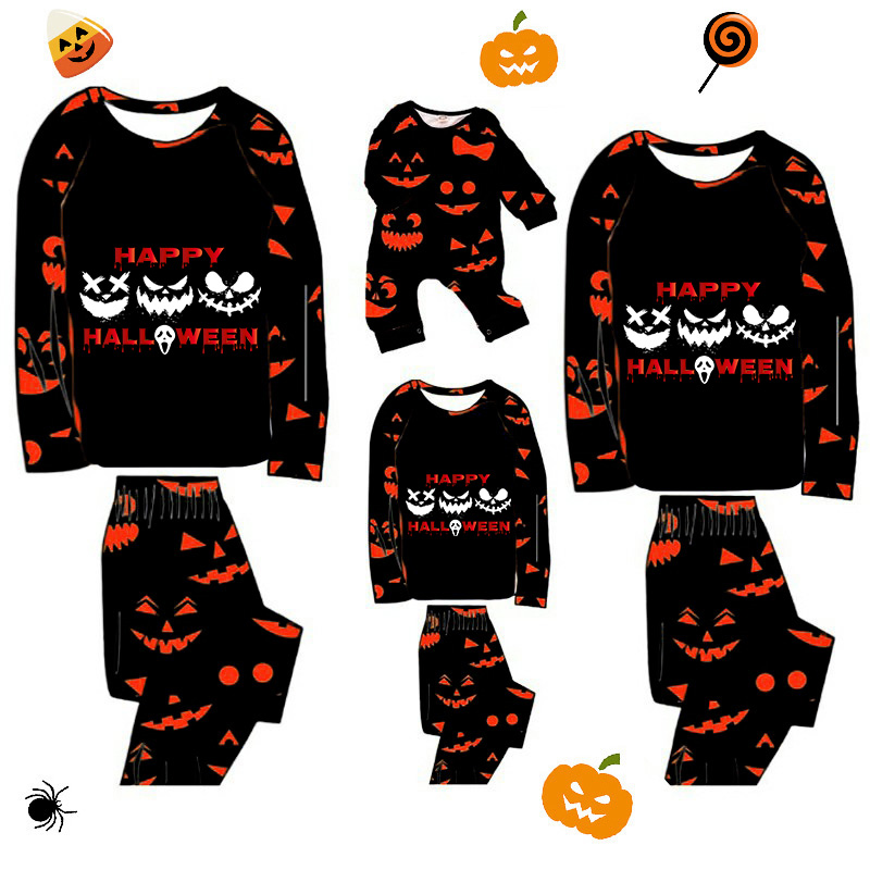 Halloween Matching Family Pajamas Ghost Faces Happy Halloween Pumpkin Ghost Faces Print Black Pajamas Set
