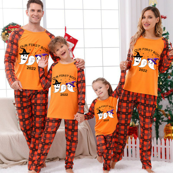 2022 Halloween Matching Family Pajamas Our First Boo Orange Plaids Pajamas Set