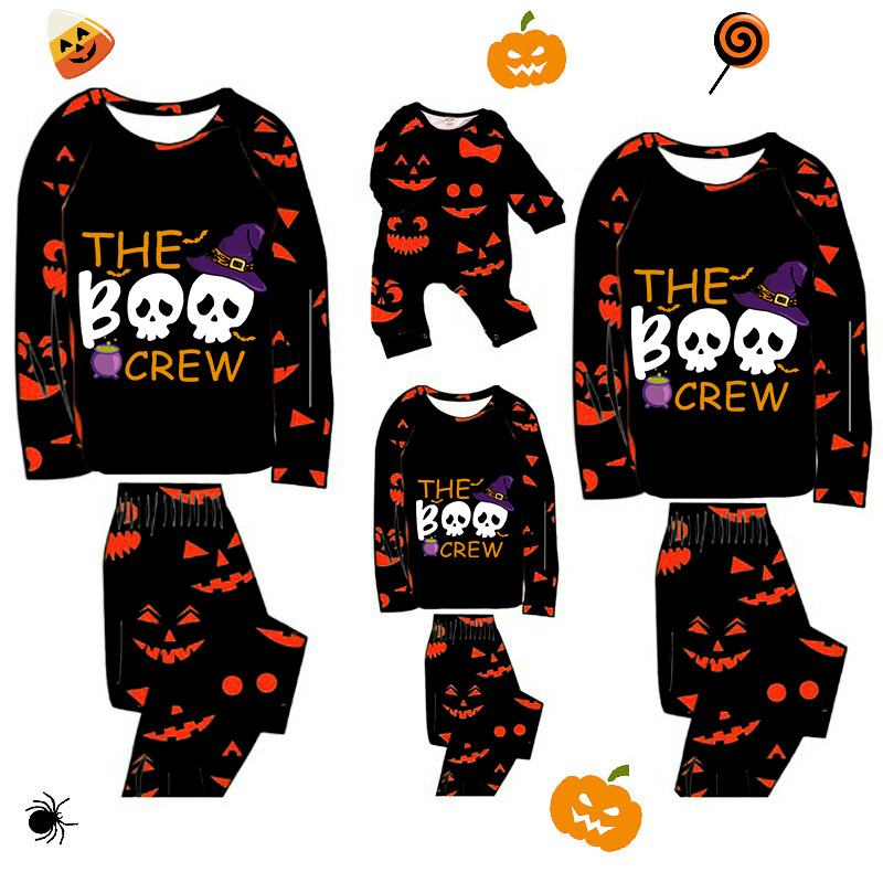 Halloween Matching Family Pajamas The Boo Crew Skulls Pumpkin Ghost Faces Print Black Pajamas Set