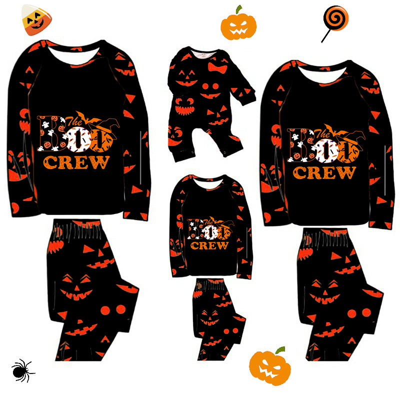 Halloween Matching Family Pajamas Boo Crew Witch Hat Pumpkin Ghost Faces Print Black Pajamas Set