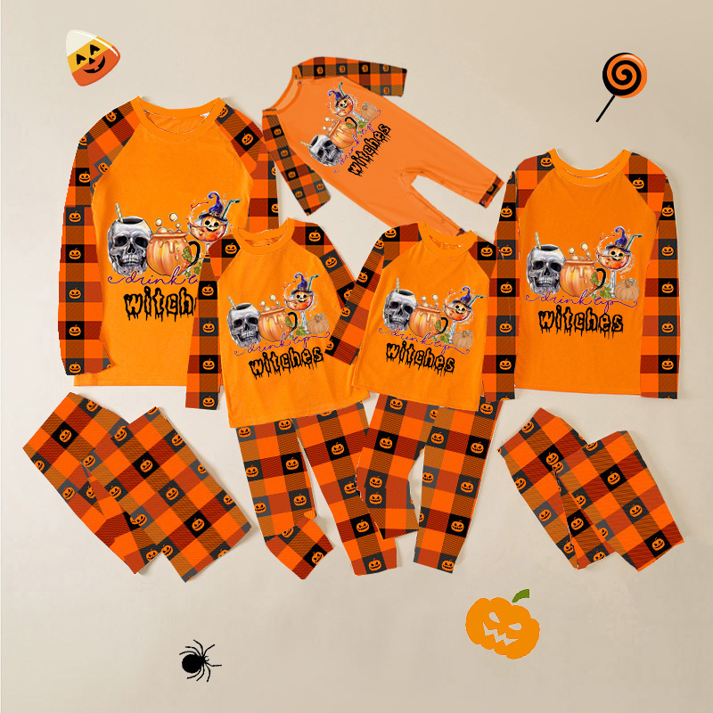Halloween Matching Family Pajamas Witches Skull Pumpkin Orange Plaids Pajamas Set