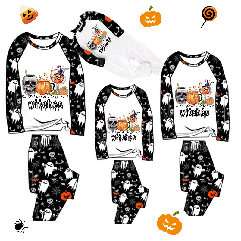 Halloween Matching Family Pajamas Witches Skull Pumpkin White Pajamas Set