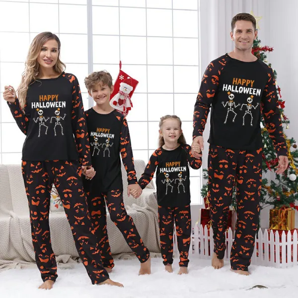 Halloween Matching Family Pajamas Happy Halloween Skeletons Couple Pumpkin Ghost Faces Print Black Pajamas Set