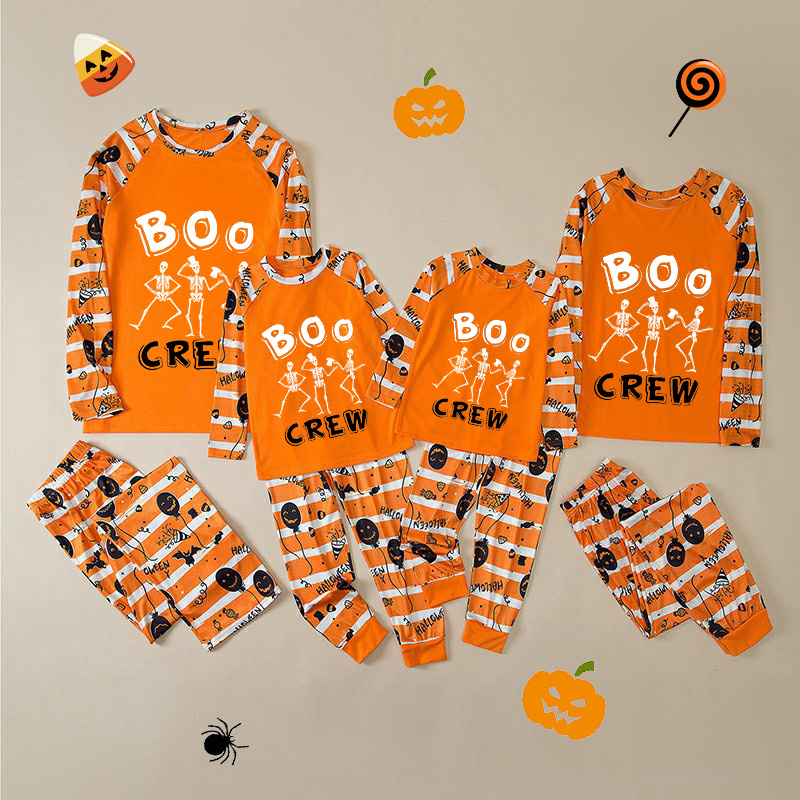 Halloween Matching Family Pajamas Boo Crew Skeletons Orange Stripes Pajamas Set