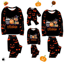 Halloween Matching Family Pajamas Witches Skull Pumpkin Ghost Faces Print Black Pajamas Set