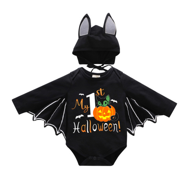 Halloween Black One Piece Baby Bodysuit My First Halloween Pumpkin Cat Batwing Sleeve Jumpsuit